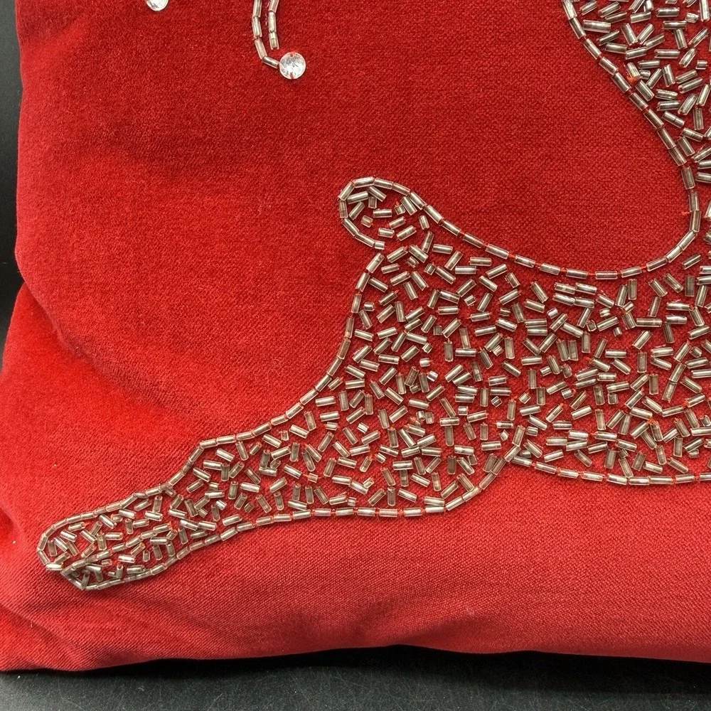 Pier 1 One Red Velvet Holiday Christmas Reindeer Throw Pillow 17